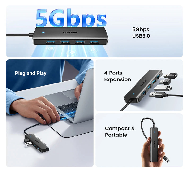 HUB USB 3.0 UGREEN – 4 Portas, Mais Conexões com Alta Velocidade